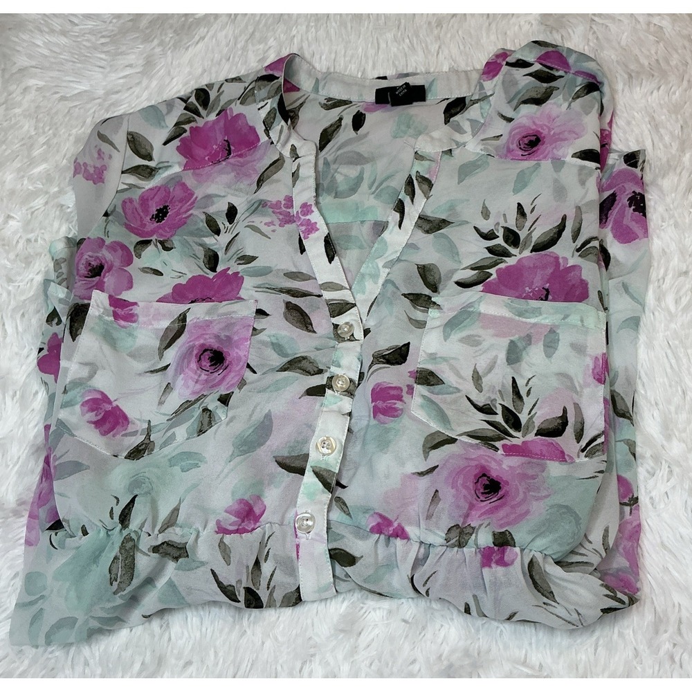 Torrid Women's 2xl 3/4 Roll Tab Sleeve Button Down chiffon tunic Floral Blouse‎